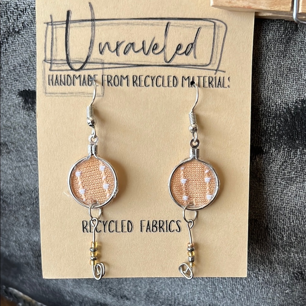 Unraveled Silver and Tan/Mustard yellow Fabric Earrings